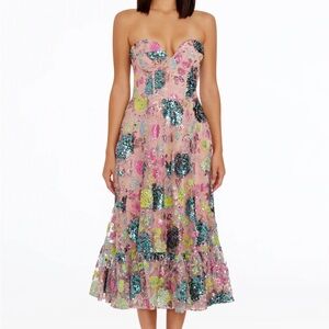Floral Sequin Strapless Dress - Pink and Blue - carina dress the population